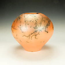 Round Orange Horsehair Raku Pottery by Lance Timco (Ceramic Vessel)