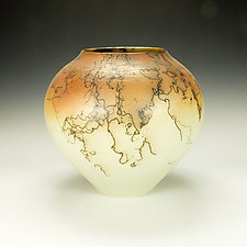 Round Orange and Green Horsehair Raku Pottery by Lance Timco (Ceramic Vessel)