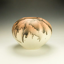 Large White and Orange Horsehair Raku Pottery by Lance Timco (Ceramic Vessel)