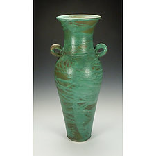 Tall Green Satin Glazed Vase With Handles by Lance Timco (Ceramic Vase)