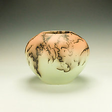 Green and Orange Horsehair Raku Pottery by Lance Timco (Ceramic Vessel)