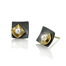 Moiré Mini Square Studs with Pearls by Keiko Mita (Gold, Silver & Pearl Earrings)