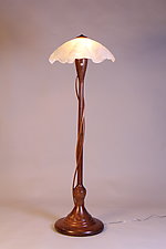 Walnut Reading Lamp with Two Cherry Tendrils and White Swirl Textured Shade by Clark Renfort (Wood Floor Lamp)