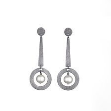 Carved Long Circle Dangle Earrings by Heather Guidero (Silver & Pearl Earrings)