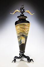 Strata Tri-Leg Vessel with Avian Finial by Danielle Blade and Stephen Gartner (Art Glass Sculpture)