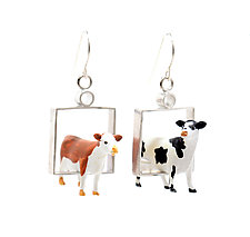 Cows in Squares Earrings by Kristin Lora (Metal Earrings)