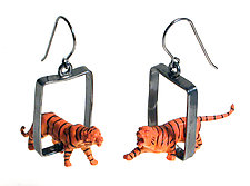 Tigers in Rectangles Earrings by Kristin Lora (Silver Earrings)
