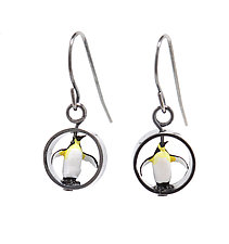 Tiny Penguins in Circle Earrings by Kristin Lora (Silver Earrings)