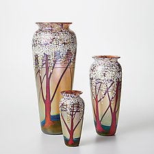 2 Gartner Blade Art Glass Ikebana Vases Hand Blown Green Brown Speckled  Glass