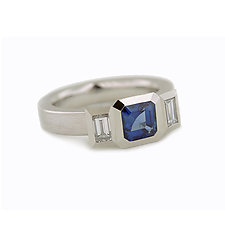 Oblique 3 Stone Ring in Platinum, Blue Sapphire and Diamonds by Catherine Iskiw (Platinum & Stone Ring)