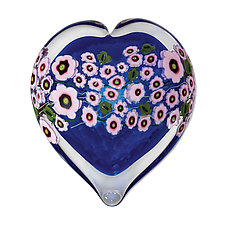 Pink Star Flower on Blue Heart Paperweight by Shawn Messenger (Art Glass Paperweight)