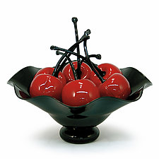 Black Fluted Bowl of Cherries by Donald Carlson (Art Glass Sculpture)