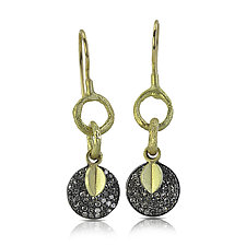 Pave Disc with Leaf Charm Earrings by Rebecca Myers (Gold, Silver & Stone Earrings)