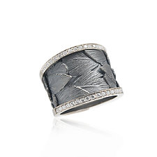 Wide Oxidized Silver Feather Ring with Diamond Sides by Rebecca Myers (Gold, Silver & Stone Ring)