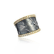 Wide Oxidized Silver Feather Ring with Diamond Sides by Rebecca Myers (Gold, Silver & Stone Ring)