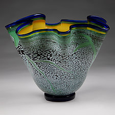 Small Fissure Vessel  in Brilliant Emerald with Topaz Interior by Eric Bladholm (Art Glass Bowl)