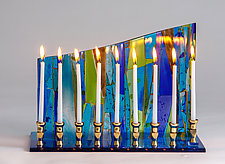 Abstract Blue Menorah by Varda Avnisan (Art Glass Menorah)