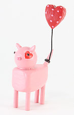Pink Kitty with Heart Marking and Balloon by Hilary Pfeifer (Wood Sculpture)