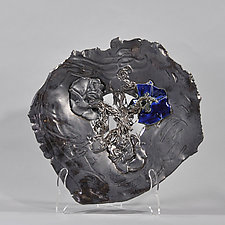 Steel Metallic Platter With Blue Flower by Lois Sattler (Ceramic Wall Platter)