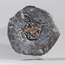Metallic Silver Glaze Platter with Large Flower and Gold Accent by Lois Sattler (Ceramic Wall Platter)