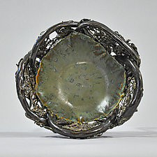 Green Bowl Edged with Dark Bronze Lacy Threads by Lois Sattler (Ceramic Bowl)