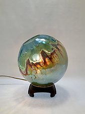 Turquoise and Gold Iris Overlay Globe by Dierk Van Keppel (Art Glass Table Lamp)