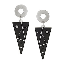 Ebony Earrings with Angled Lines and Arced Dots by Suzanne Linquist (Silver & Wood Earrings)