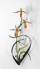 Triple Lady Slipper with Dragonflies by Loy Allen (Art Glass Wall Sculpture)