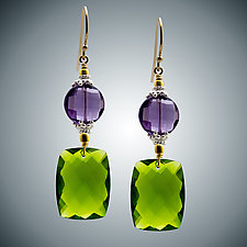 Violet Quartz Coin and Peridot Quartz Earrings by Judy Bliss (Gold, Silver & Stone Earrings)