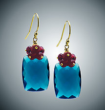 London Blue Quartz and Garnet Cluster Earrings by Judy Bliss (Gold & Stone Earrings)