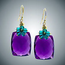 Amethyst and Aqua Apatite Cluster Earrings by Judy Bliss (Gold & Stone Earrings)