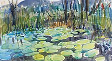 Farm Pond with Water Lilies 1 by Alix Travis (Watercolor Painting)