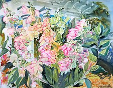 Oakleaf Hydrangeas in Fall Colors, Blythewood Gardens, Bard College by Alix Travis (Watercolor Painting)