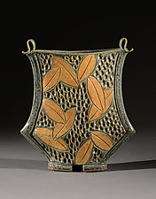 Flat Vase with Colored Leaf Carving by Jim and Shirl Parmentier (Ceramic Vase)