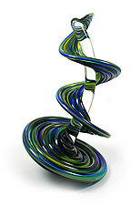 Blue Yellow Mix Standing Heechee Probe on Clear Spine by Thomas Kelly (Art Glass Sculpture)