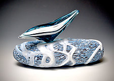 Striped Sandpiper on River Stone by David Jacobson (Art Glass Sculpture)