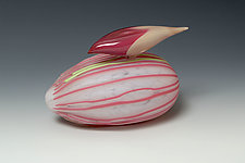 Cranberry-Headed Bunting on Candy-Striped Rock by David Jacobson (Art Glass Sculpture)