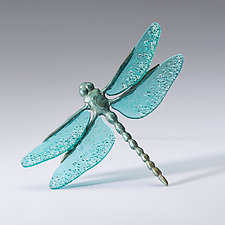 Aqua Blue Dragonfly with Textured Aqua Wings by Sandy Graves (Art Glass & Bronze Sculpture)