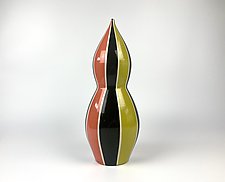 Modern Style Tall Vase With Orange and Lime-Green Stripes by Lin Xu (Ceramic Vessel)