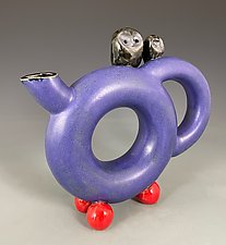 Purple Bagel Teapot with Owls by Suzanne Crane (Ceramic Sculpture)