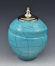 Raku Covered Urn with Copper Blue Glaze by Ron Mello (Ceramic Urn)
