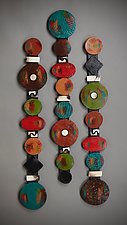 Circle Stick With Red Oval and Black Squares by Rhonda Cearlock (Ceramic Wall Sculpture)