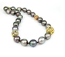 Large Tahitian Pearl Necklace with Custom Made Gold Beads by Leann Feldt (Gold, Pearl & Stone Necklace)