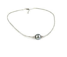 Natural Silver Diamond Bead Necklace with Tahitian Pearl by Leann Feldt (Gold, Pearl & Stone Necklace)