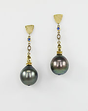 Contemporary Tahitian Pearl Drop Earrings by Leann Feldt (Gold, Pearl & Stone Earrings)