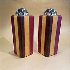 Three-Stripe Salt and Pepper Shaker Set in Purpleheart, Yellowheart, and Wenge by Martha Collins (Wood Salt & Pepper Shaker)