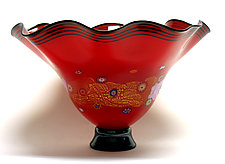 Fluted Rose Red Blossom Bowl by Ken Hanson and Ingrid Hanson (Art Glass Bowl)