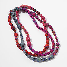 Tie-Beads Long Necklace in Red by Mieko Mintz (Silk & Cotton Necklace)