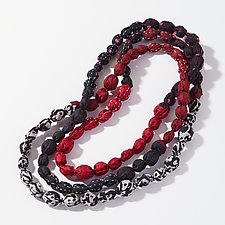 Tie-Beads Long Necklace in Red & Black by Mieko Mintz (Silk Necklace)