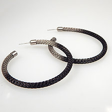Thin Wireknit Hoop Earring in Silver with Black by Sarah Cavender (Brass Earrings)